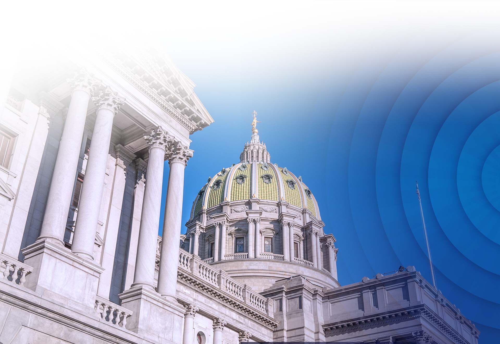 Image of a classical building with marble columns and a gold-domed roof against a bright blue sky, with a circular gradient effect on the right.
