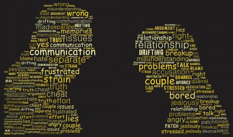 Two golden-toned silhouettes of human profiles facing each other, composed entirely of dense, interlocking text on a solid black background.