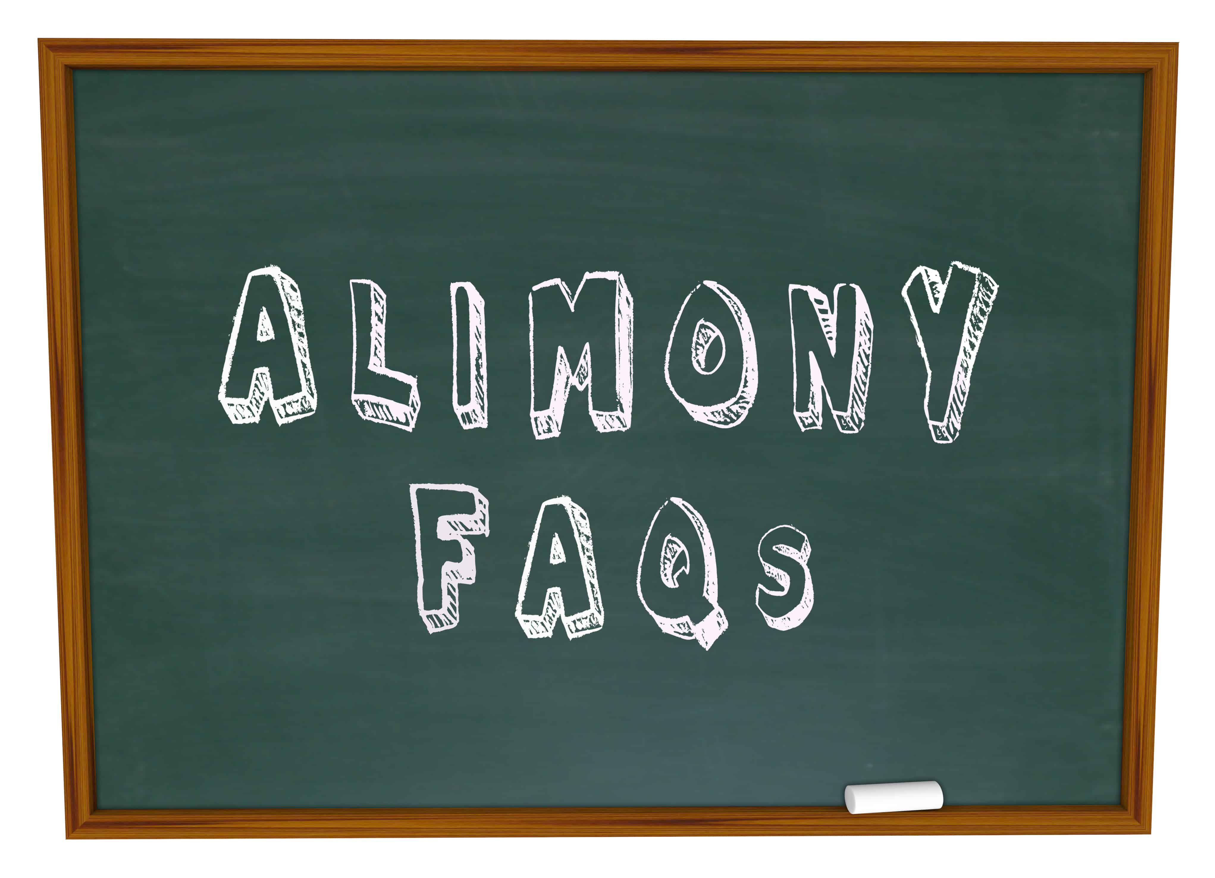 A dark green chalkboard with a brown wooden frame featuring the words "ALIMONY FAQs" written in white, stylized block letters.