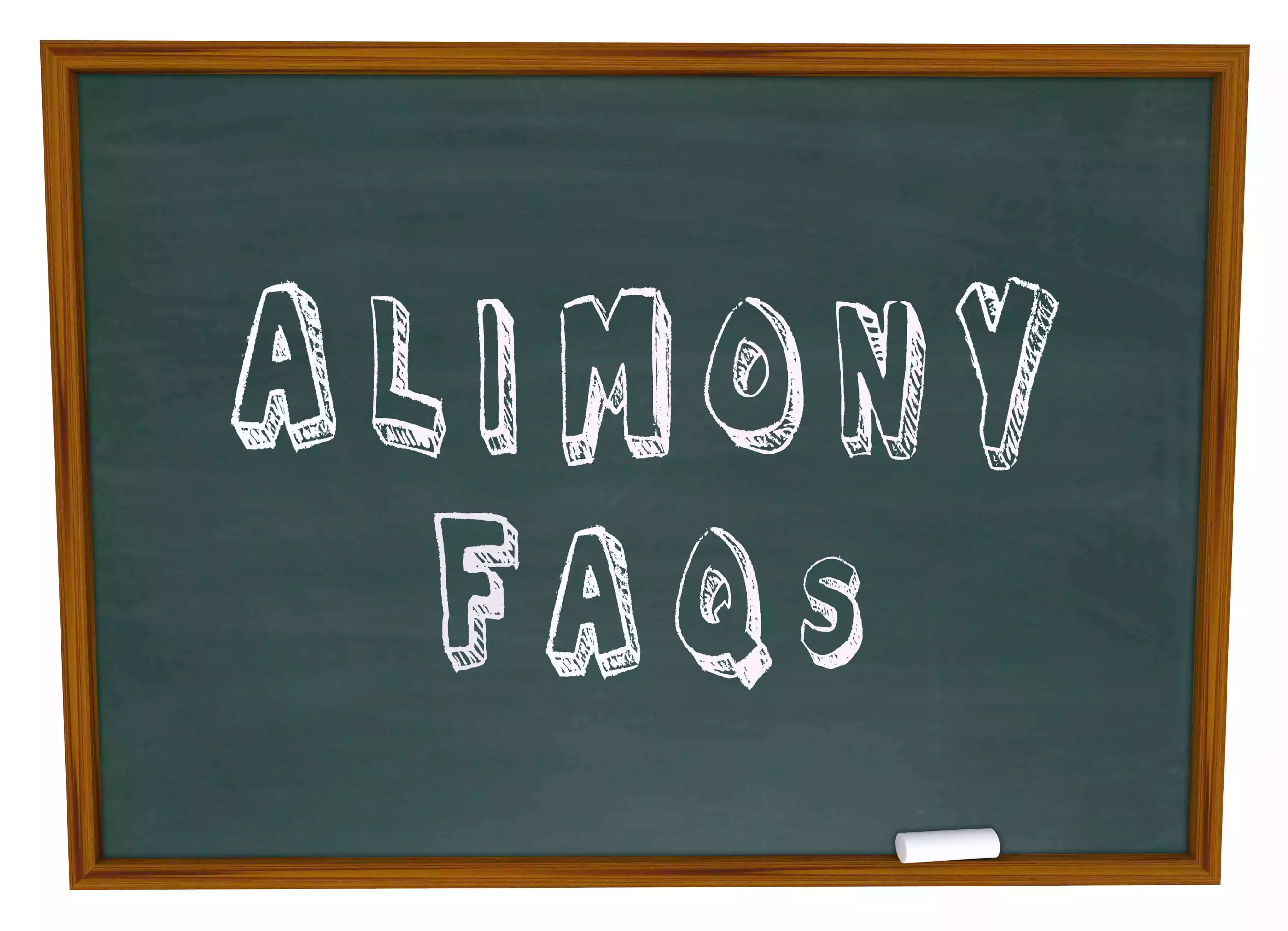 A dark green chalkboard with a brown wooden frame featuring the words "ALIMONY FAQs" written in white, stylized block letters.