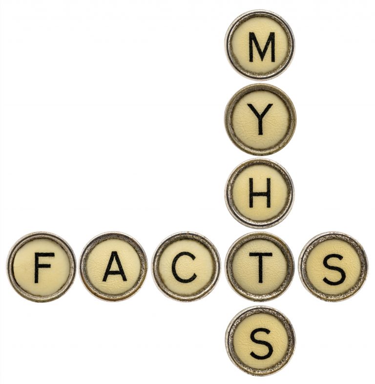 A crossword-style image where the horizontal word 'FACTS' and the vertical word 'MYTHS' intersect at the letter 'T'.