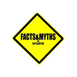 A yellow diamond-shaped sign with a black border featuring the words "FACTS & MYTHS" in bold, black capital letters