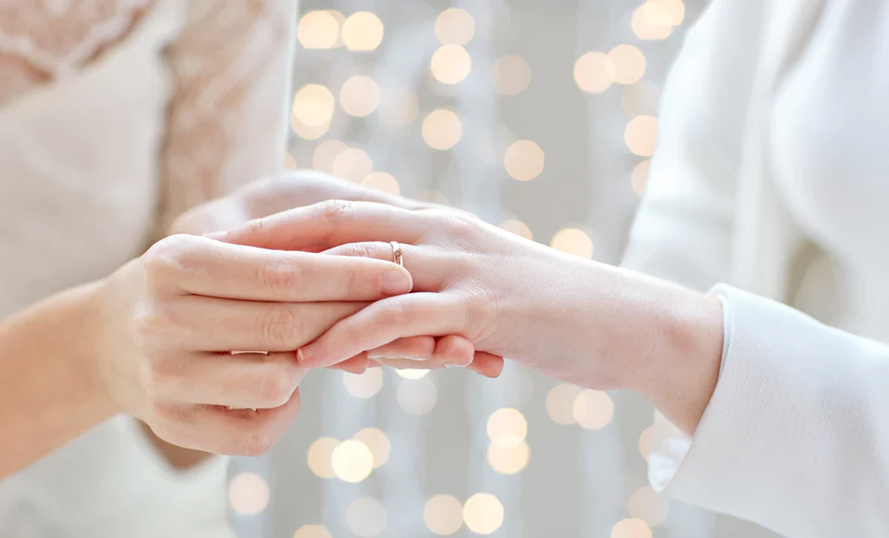 Couple exchanging wedding rings.