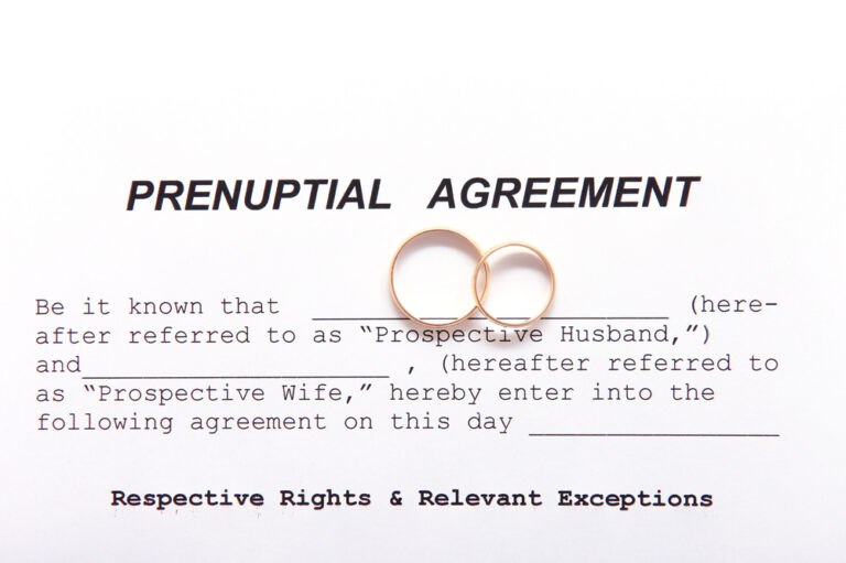 A document titled "PRENUPTIAL AGREEMENT" with spaces for names and dates, featuring two gold wedding rings placed in the center.